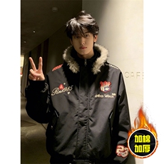 现货高品质美式高街重磅刺绣座山雕大毛毛领棉衣男女加厚棉服外套，男装棉衣，电商A443