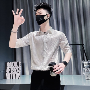 301A-1 CS583 P55 社会小伙店主风男士夏季纯色提花中袖衬衫图片