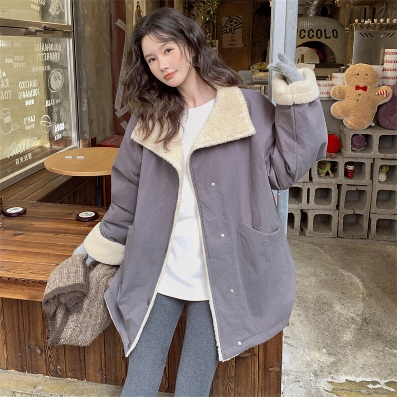 暗紫色羊羔毛外套派克服女冬季小个子中长款棉衣棉袄,女装棉衣/棉服,2C120