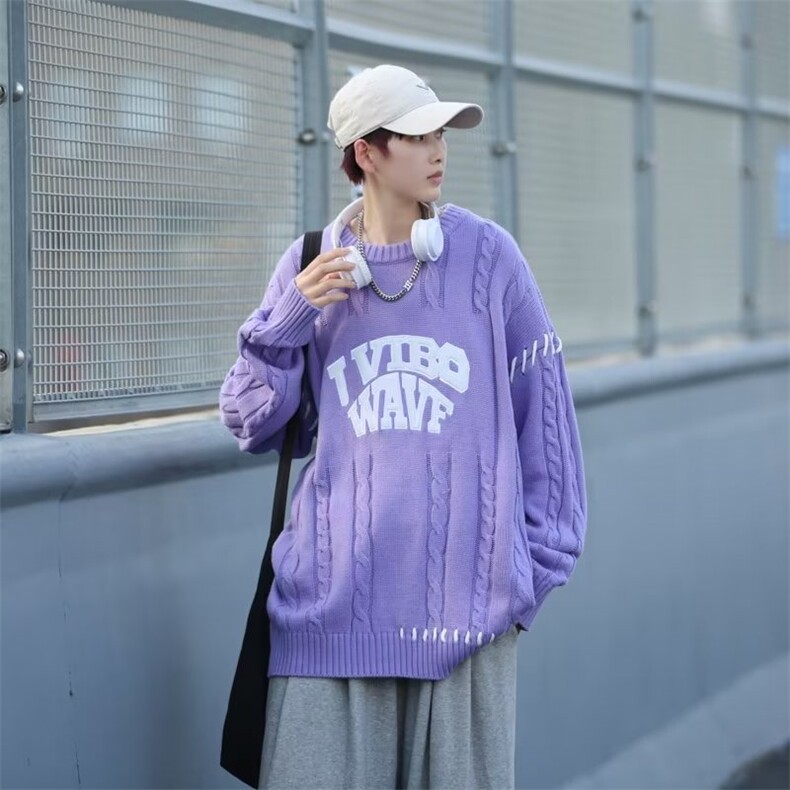 美式ins潮牌设计感拼接穿绳毛衣男女秋季宽松情侣针织衫MY640-p45,男装针织衫/毛衣,星座1008
