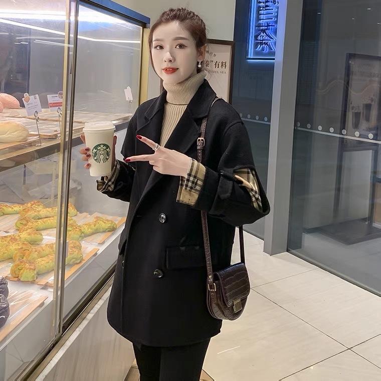 2021秋季新款韩版时尚潮流袖拼接格四粒扣双口袋百分百羊毛,女装其它,L·H·X
