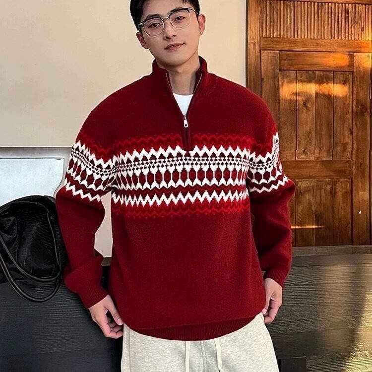 复古半拉链高领毛衣男女费尔岛提花宽松慵懒套头针织上衣MA1018,男装针织衫/毛衣,星座516A
