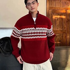复古半拉链高领毛衣男女费尔岛提花宽松慵懒套头针织上衣MA1018，男装针织衫/毛衣，星座516A