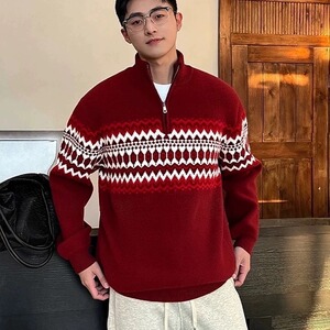 复古半拉链高领毛衣男女费尔岛提花宽松慵懒套头针织上衣MA1018图片