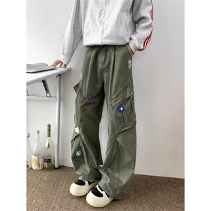 美式高街花朵刺绣重工水洗宽松直筒裤子男女情侣宽松牛仔裤 NG126图片