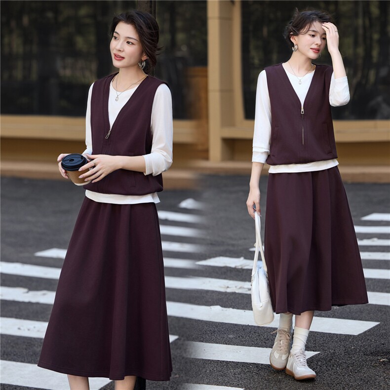 松弛感休闲套装裙女2025秋季新款假两件拼接长袖上衣半身裙两件套,女装套装/套裙,简韵佳