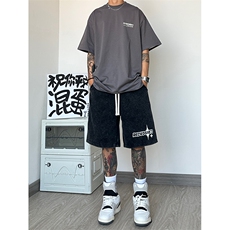 港风纯棉320G重磅水洗做旧发泡印花短裤A014-DY2380-P45控58，男装牛仔裤，电商A014