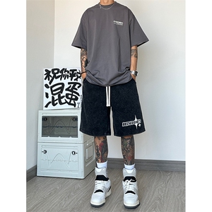 港风纯棉320G重磅水洗做旧发泡印花短裤A014-DY2380-P45控58