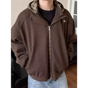 【有货】D8896-P105美式复古格子毛呢连帽外套男秋冬款假两件棉服图片
