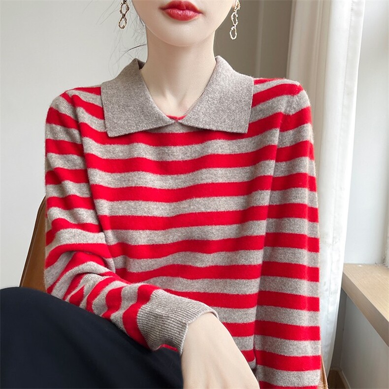 秋冬季翻领毛衣拼色羊毛衫女显瘦条纹衫娃娃领打底衫内搭，女装羊毛衫，盛鼎羊绒