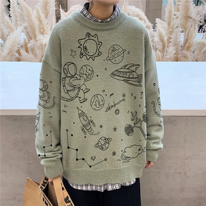 1港风新款宽松休闲中性情侣圆领潮流印花毛衣男外套7804P55加绒70图片