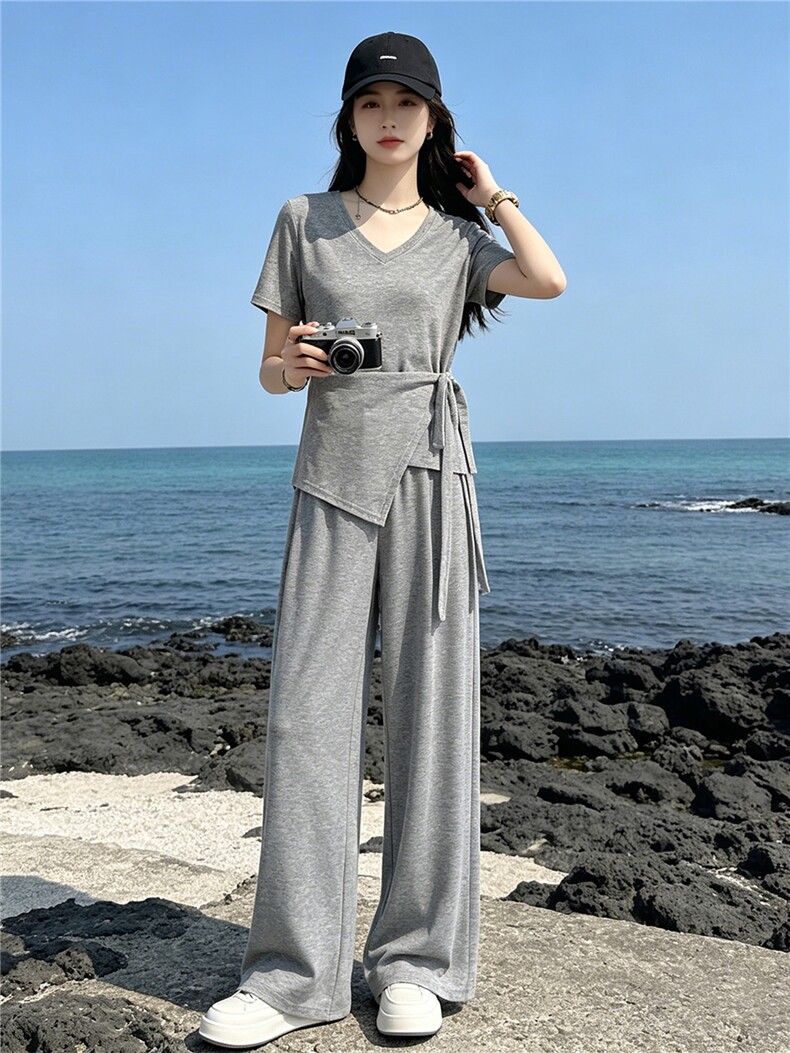 超好看韩版时尚套装女夏新款款蝴蝶结系带短袖上衣阔腿长裤两件套,女装套装/套裙,江南