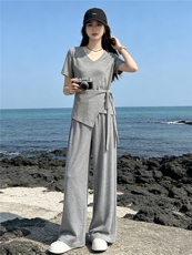 超好看韩版时尚套装女夏新款款蝴蝶结系带短袖上衣阔腿长裤两件套，女装套装/套裙，江南