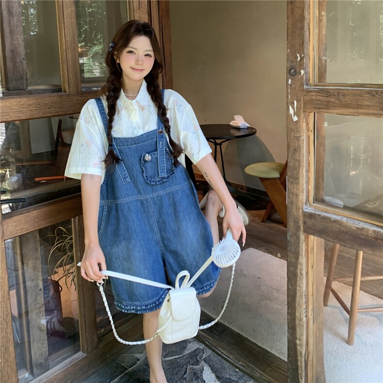 韩系小清新休闲牛仔背带裤套装女夏新款学院风减龄印花衬衫两件套,女装套装/套裙,2C120