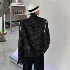 立领小香风珍珠设计感千鸟格宽松西服X13/P70降，男装西服，电商A243