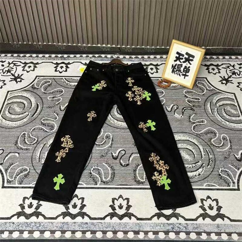 克罗风格美式高街十字贴皮男女同款宽松百搭水洗牛仔裤ED99P55,男装皮裤,电商D256-1(原A064-1)