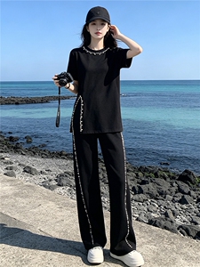 潮流设计感钉珠开叉长款T恤套装女夏季新款时尚显瘦阔腿裤两件套图片 潮流设计感钉珠开叉长款T恤套装女夏季新款时尚显瘦阔腿裤两件套图片