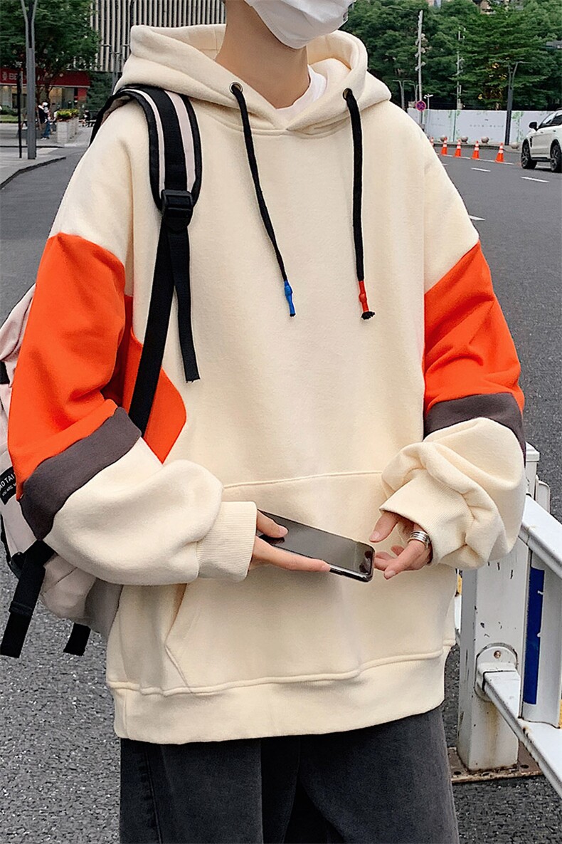 2024秋季港风cityboy拼色插肩袖连帽卫衣慵懒风上衣WL703-A409-1,男装卫衣,电商A409-1