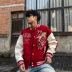 潮牌加厚棉服棒球服男女春秋季新款PU皮经典美式棉衣外套宽松百搭图片