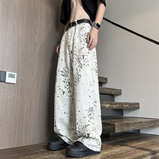 新款潮牌豹纹牛仔裤男女夏美式复古阔腿裤宽松休闲裤子N8081-P50，男装休闲裤，星座308B-1