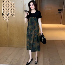 夏季新款大码女装拼接两色连衣裙冰丝棉简约轻柔透气A字中长裙，女装连衣裙，娇莉