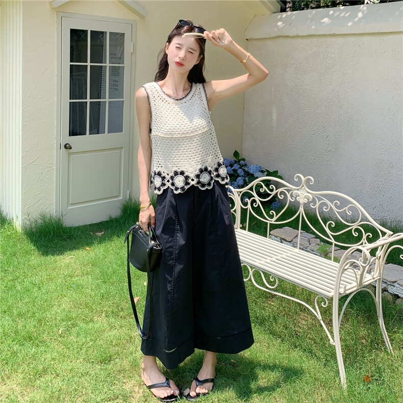 法式高级感镂空背心套装女2025夏季新款气质休闲显瘦阔腿裤两件套,女装套装/套裙,2C135