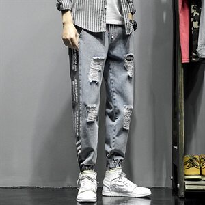 2021春秋季新日系大码束脚印花撞色拼接九分破洞牛仔裤男N8105-P50图片