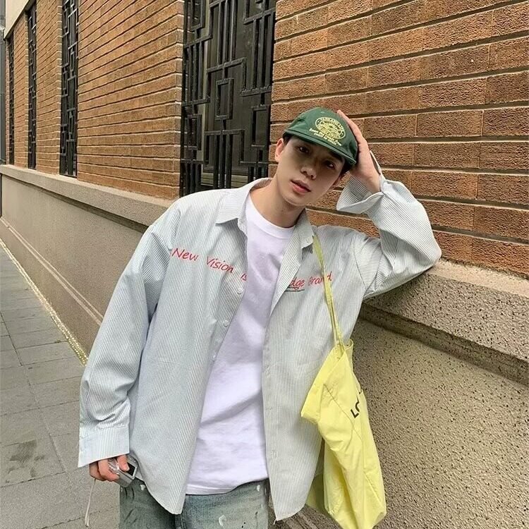 手绘涂鸦条纹长袖衬衫男春秋季休闲衬衣宽松慵懒风外套C2215,男装衬衫,星座1116A（原606A-3）