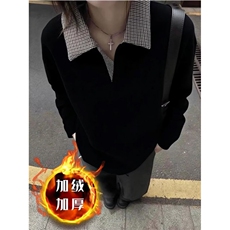简约格子假两件polo翻领加绒加厚卫衣男款长袖打底衫套头，男装T恤，四季星座505