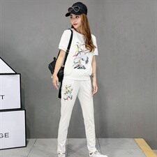 植物花卉潮流图案时尚纯色气质短袖圆领长裤套装/套裙2020年夏季，女装套装/套裙，凯瑟曼