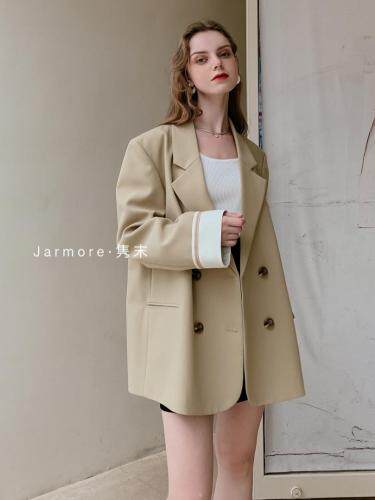2021隽末秋款袖口拼接撞色西装外套。杏色蓝色Ｓ—，女装西装，Jarmore隽末