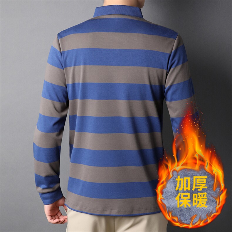 2022爸爸装秋冬季长袖t恤男士翻领POLO衫打底条纹上衣服加绒体恤,男装T恤,钱塘6003（原4033）