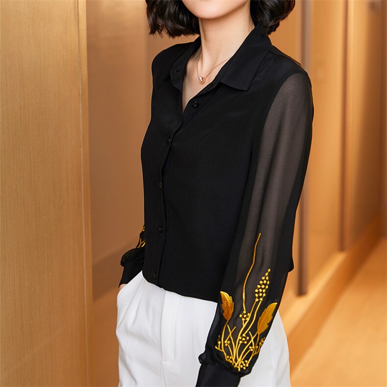 时尚都市女性必备优雅黑色真丝衬衫简约大气尽显高贵气质,女装衬衫,宋氏羊绒