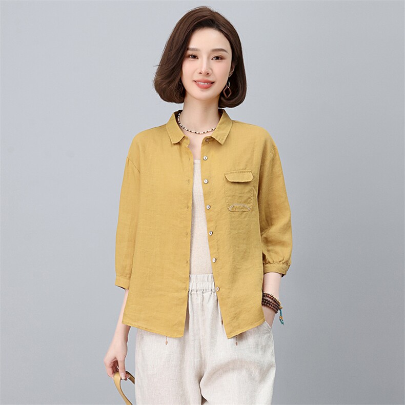 棉麻衬衫女2025夏季新款中年妈妈休闲宽松时尚洋气亚麻七分袖上衣,女装衬衫,涵誉