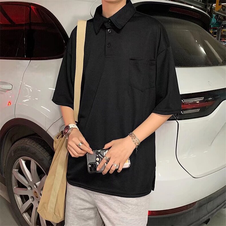 夏季美式日系短袖男生潮牌宽松港风t恤工装翻领polo衫潮流帅气,男装工装外套,星座1013
