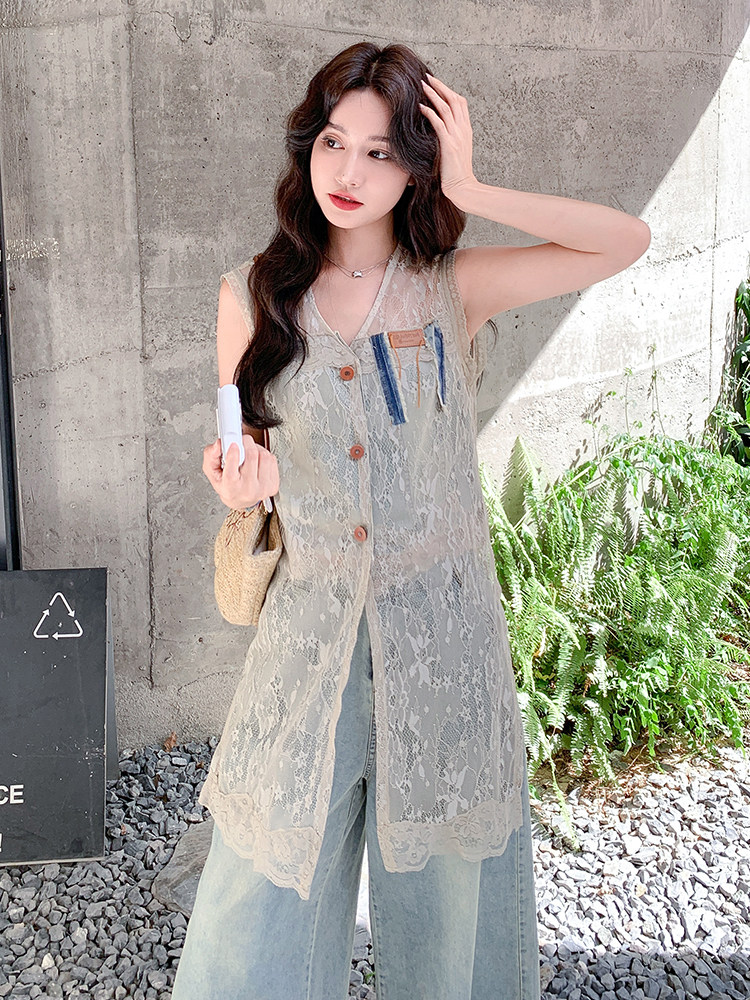 又a又飒蕾丝马甲七分牛仔阔腿裤套装女2025夏季新款小个子两件套,女装套装/套裙,浙宝305