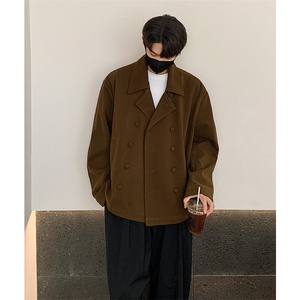 韩版落肩袖双排扣翻领短款毛呢夹克风衣男女外套-F2478-P105图片