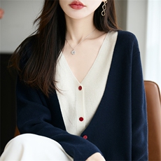 秋冬精纺羊毛衫针织开衫女V领拼色假两件毛衣外套宽松羊绒衫上衣，女装羊毛衫，郡淞羊绒