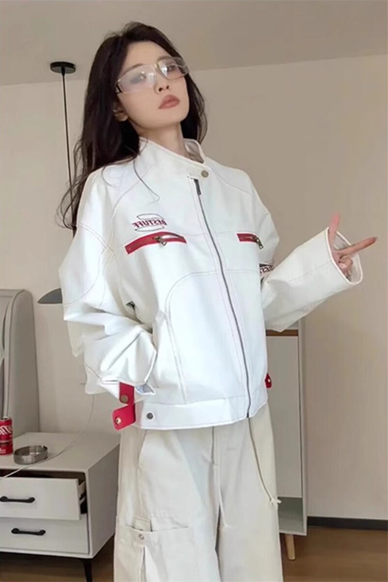 白色短款皮衣外套美式穿搭高级感机车夹克棒球服JK158特P67,男装夹克,星座908-1