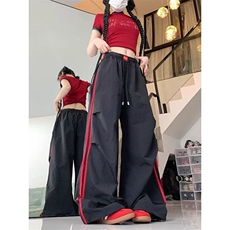 凉感速干运动伞兵裤子女2025夏季薄款美式复古撞色条纹休闲阔腿裤，男装休闲裤，星座813-2