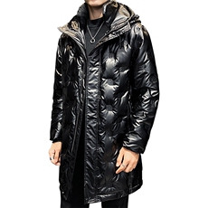 白鸭绒羽绒服男中长款连帽亮面羽绒服男保暖加厚外套男YR33-P130，男装羽绒服，星座1210B