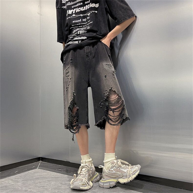 破洞牛仔短裤男夏薄款过膝乞丐中裤毛边炸街设计感六七分裤子潮牌图片