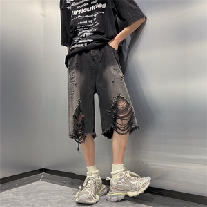 破洞牛仔短裤男夏薄款过膝乞丐中裤毛边炸街设计感六七分裤子潮牌图片
