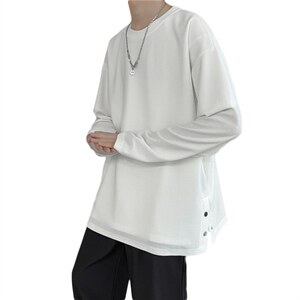 T3088/P25秋装现货新款排扣开叉长袖排口T恤男打底衫宽松大码上衣图片