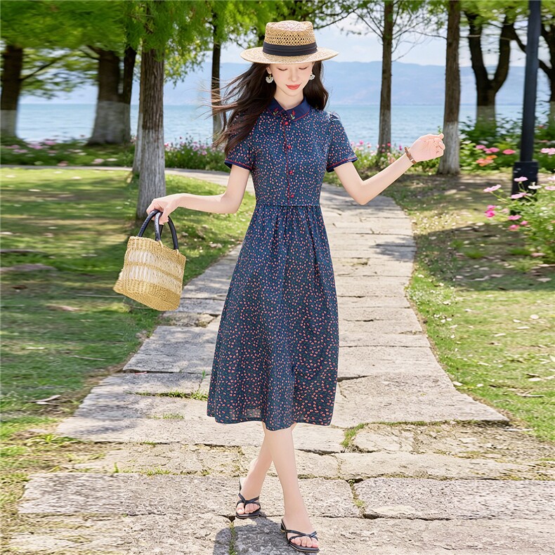 田园风斜领碎花刺绣连衣裙女春夏收腰显瘦中长裙（细节图颜色为）,女装连衣裙,水衣源