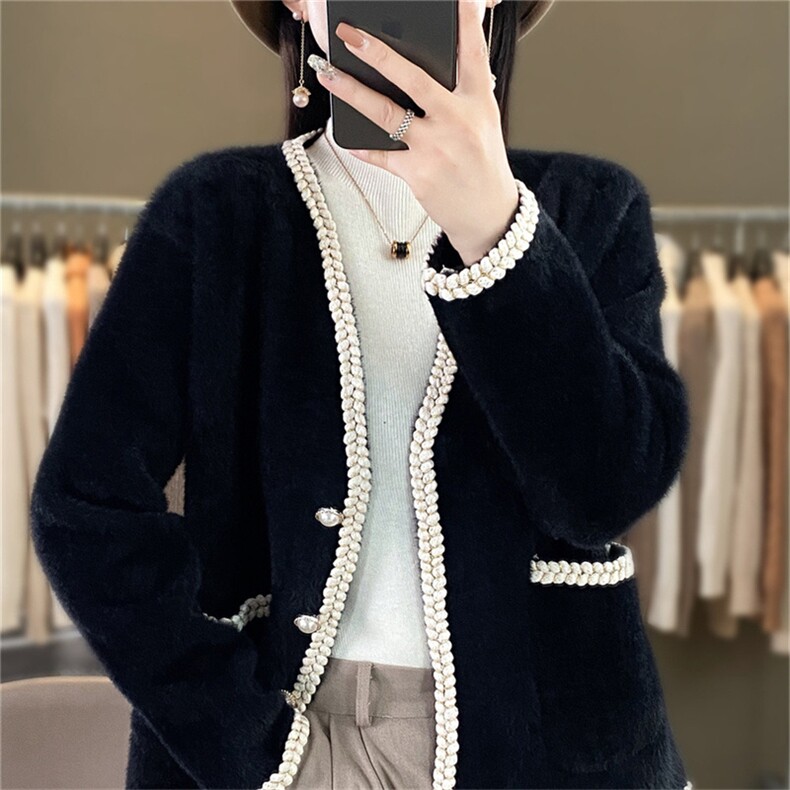 时尚水貂绒外套女秋冬新款显瘦百搭针织开衫毛衣外套,针织衫/毛衣,暖姿羊绒
