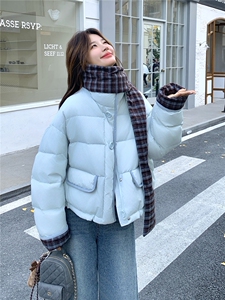 新款挂脖围巾加厚格纹拼接羽绒服2C267-999-P285-K398图片