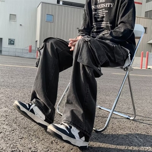 日系工装牛仔裤男春秋加厚美式复古高街潮牌微喇水洗阔腿直筒裤子图片