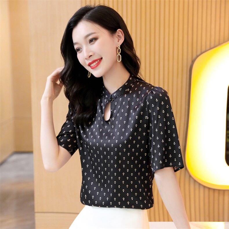 衬衫女2025新款夏季小个子气质t恤桑蚕丝真丝碎花短袖上衣,女装衬衫,阿舍尔精品