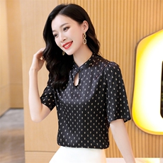 衬衫女2025新款夏季小个子气质t恤桑蚕丝真丝碎花短袖上衣，女装衬衫，阿舍尔精品